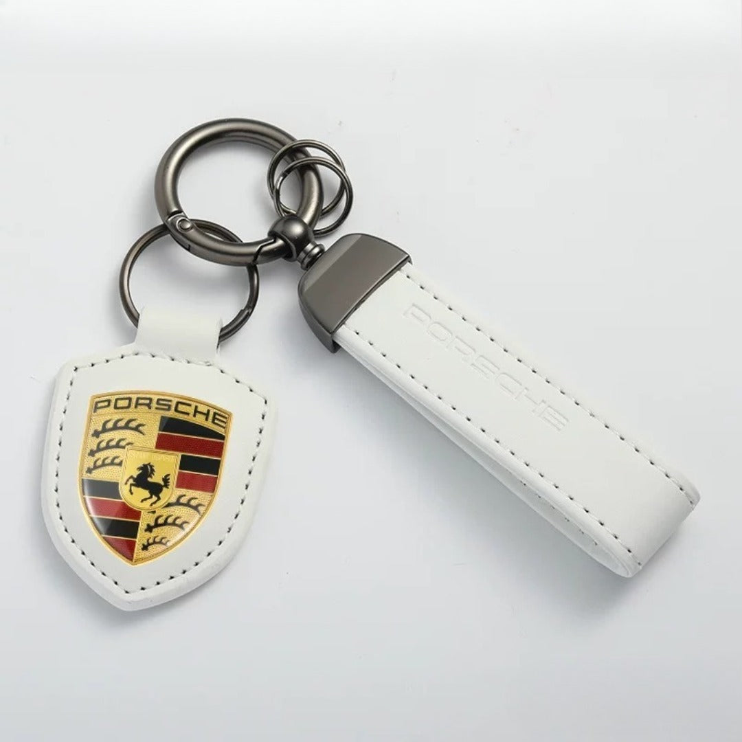 Porte-clés en cuir véritable avec écusson Porsche