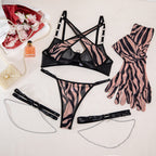 Sexy Dessous-Set mit Leopardenmuster, Metallkette, 4-teilig, inklusive Handschuhen, Beinringen und String-Tanga