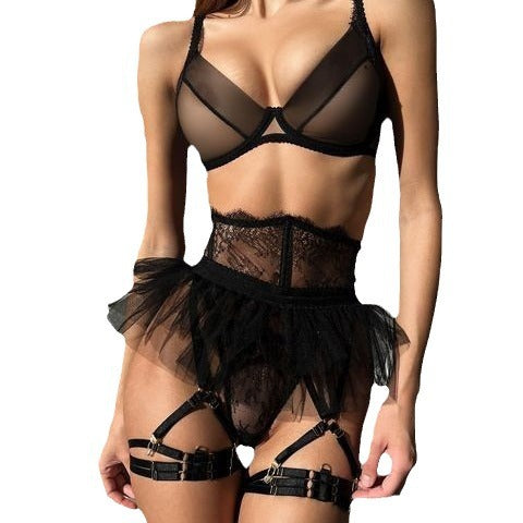 Durchsichtiges, sexy Dessous-Set, 4-teilig, bestehend aus Tutu-Rock, String und Tanga