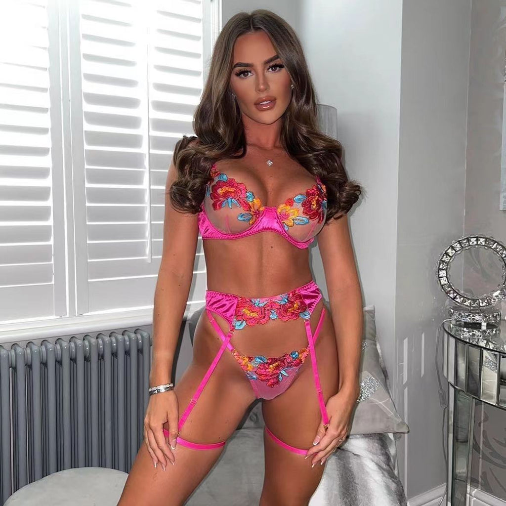 Bestickter BH mit Beinumfang, sexy Unterwäsche, vierteiliges Set, G-String und Tanga