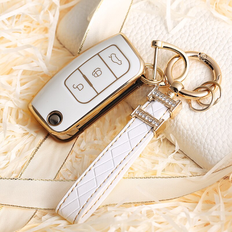 Carsine Ford Car Key Case Golden Edge White / Key case + strap