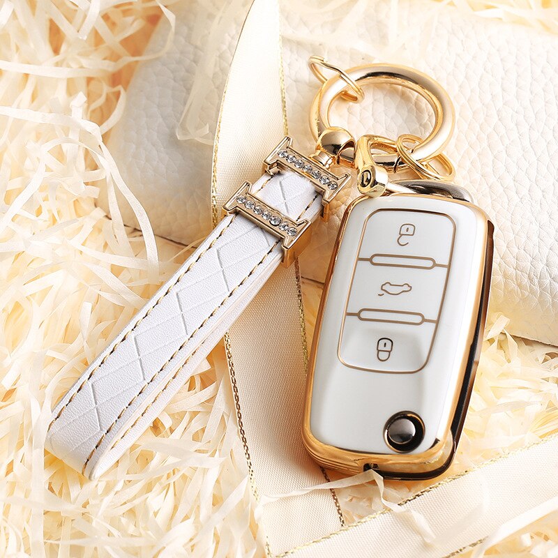 Carsine Volkswagen Car Key Case Golden Edge White / Key case + strap