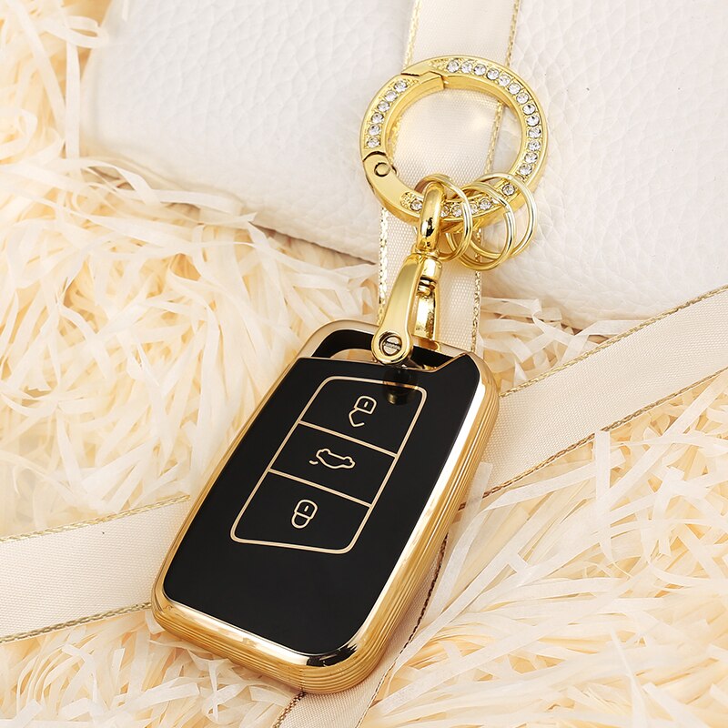 Carsine Volkswagen Car Key Case Golden Edge Black / Key case + O chain