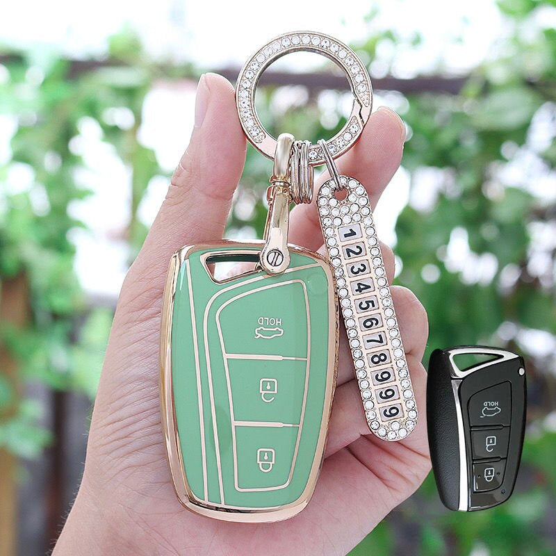 Carsine Hyundai Car Key Case Golden Edge Green / Key case + O chain